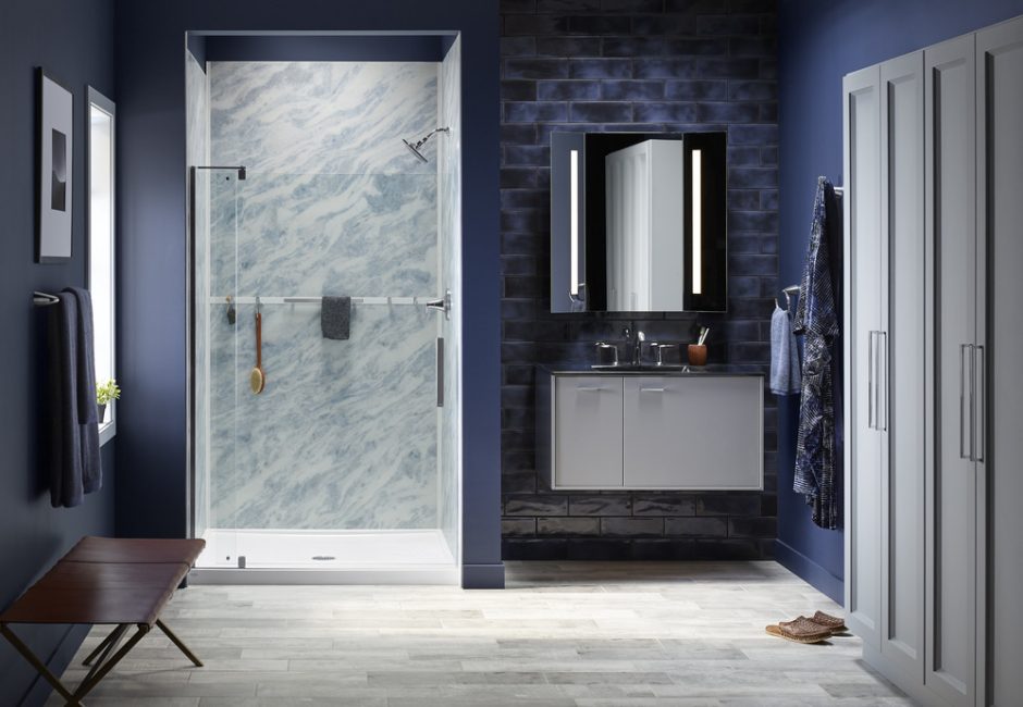 modern bathroom with bluette shower walls